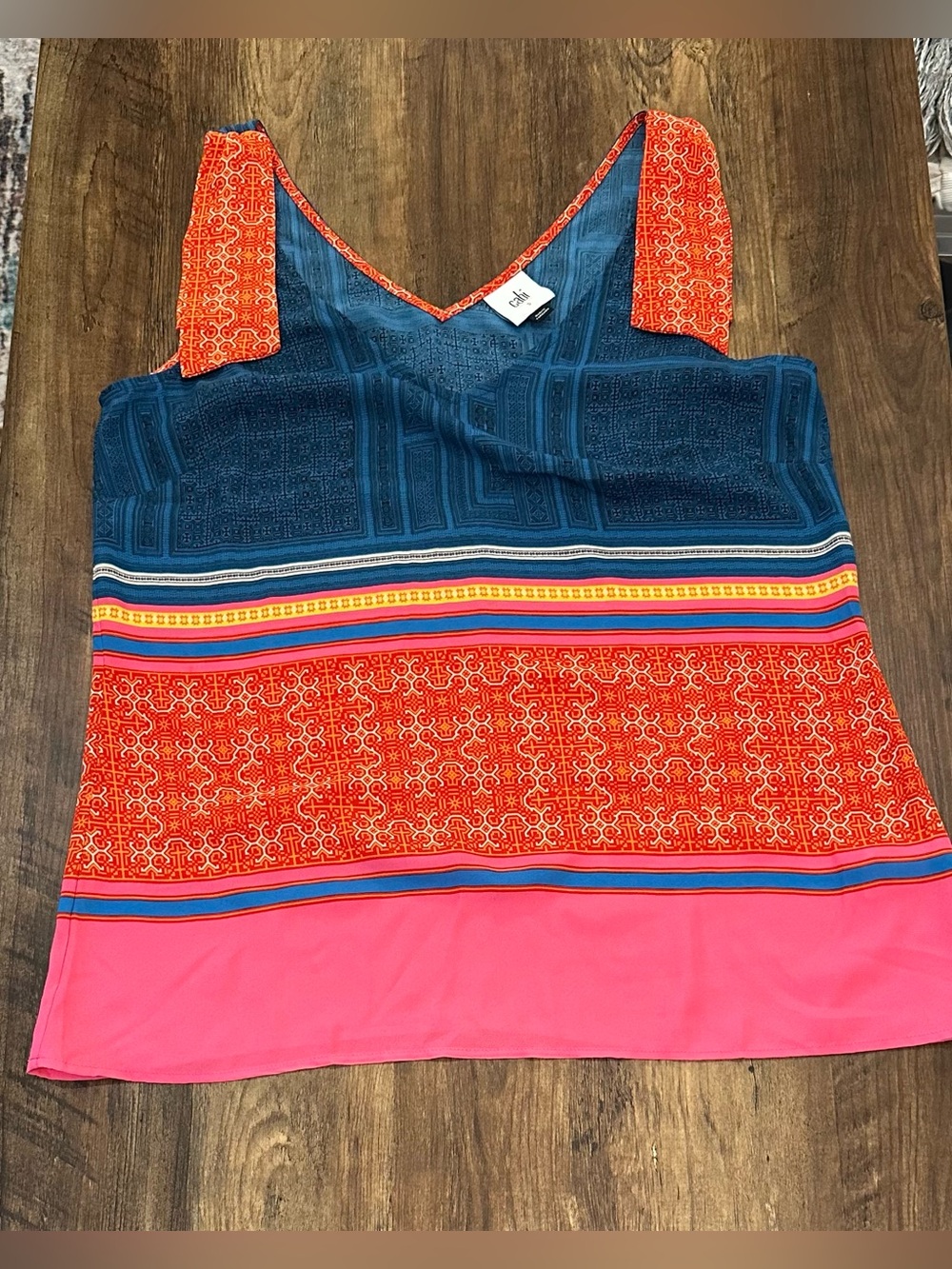 CAbi Colorblock Mixed-Print V-Neck Tank in Navy, Coral & Pink - Picture 1 of 1